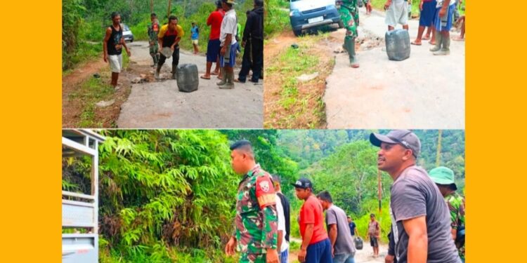 Jalan Rusak Suka Kiong ke Nantal Diperbaiki, Babinsa Mancang Pacar Bahu-Membahu Bersama Warga