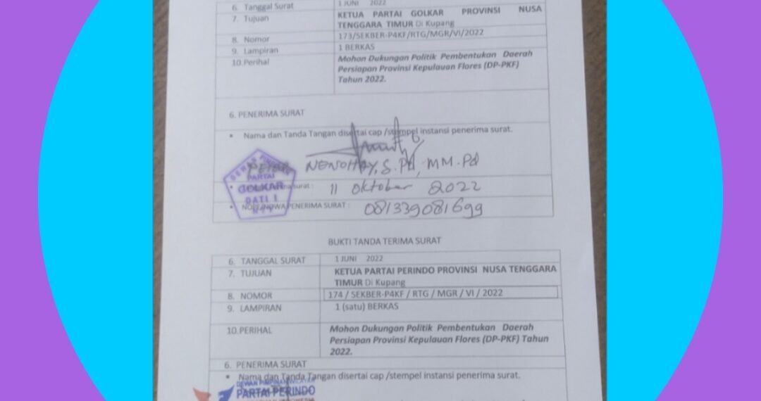 JEJAK DUKUNGAN SEMAKIN JELAS: P4KF KANTONGI TANDA TERIMA GOLKAR 11 OKTOBER 2022 & PERINDO 27 JUNI 2022 UNTUK PROVINSI KEPULAUAN FLORES